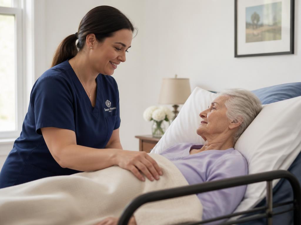 Illustrative image of a caregiver providing bedside assistance to a patient at home