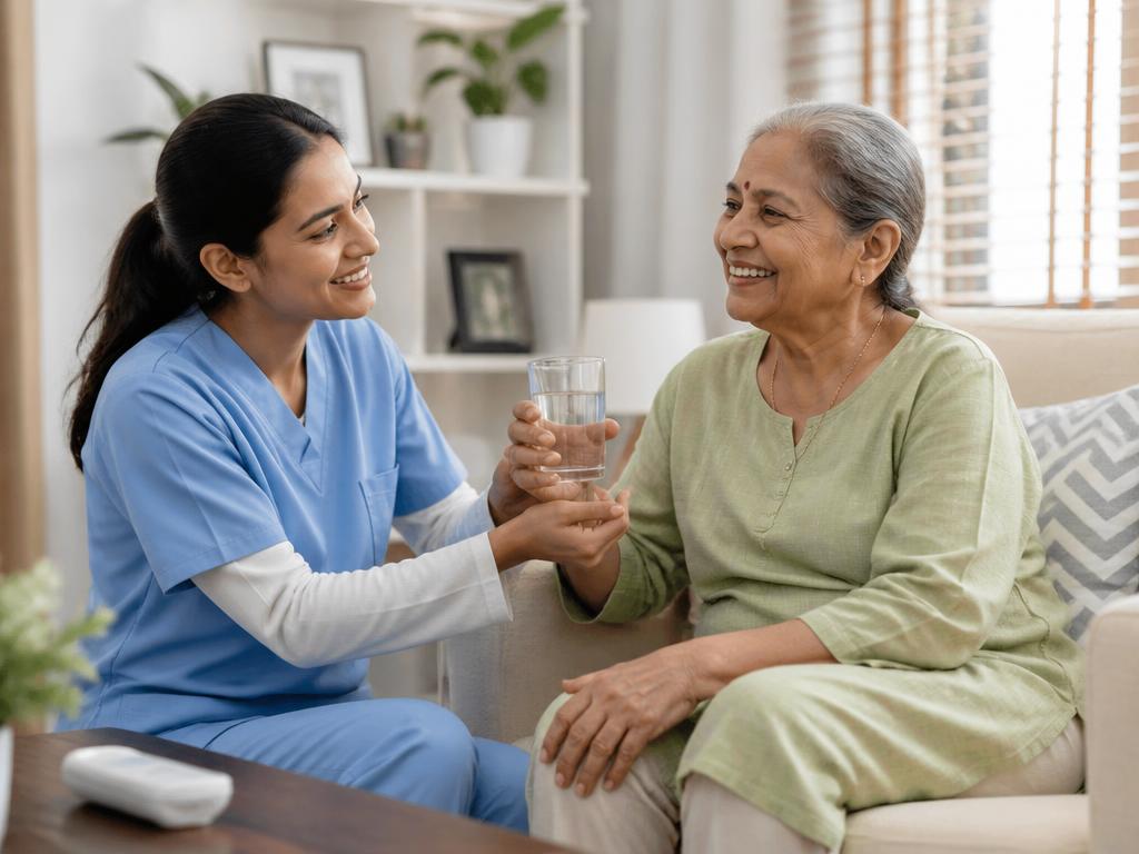 Illustrative image of a caregiver assisting an elderly woman with daily activities at home