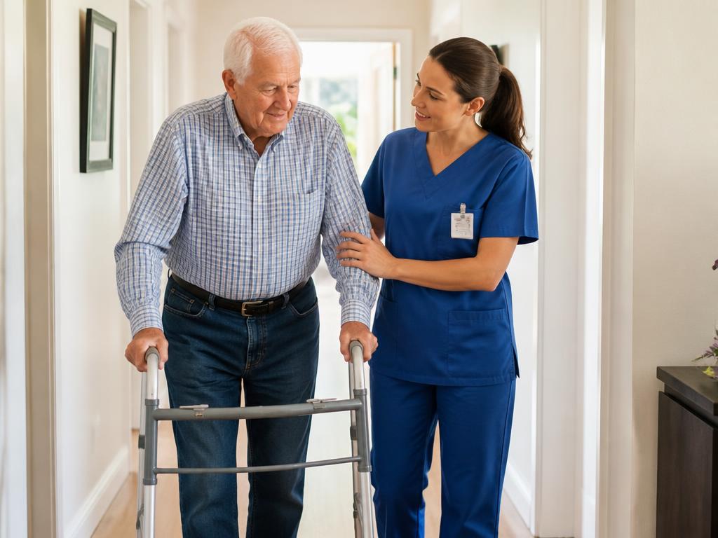 Illustrative image of a caregiver helping an elderly man walk with a walker at home