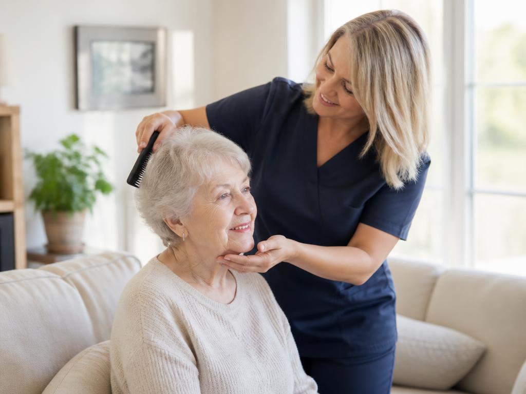 Illustrative image of a caregiver providing personal care and companionship to an elderly woman at home