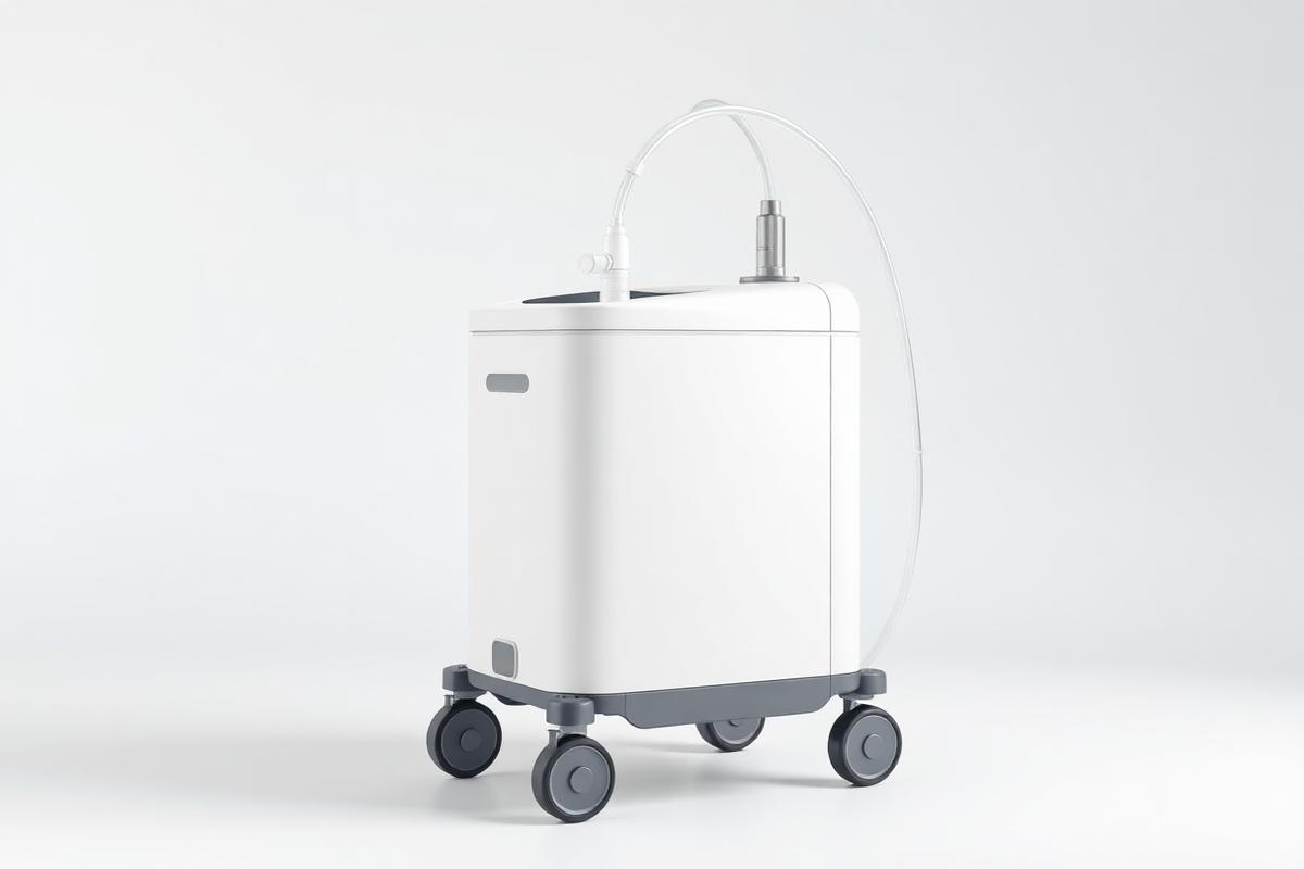 Oxygen concentrator machine on wheels with nasal cannula tubing for home oxygen therapy