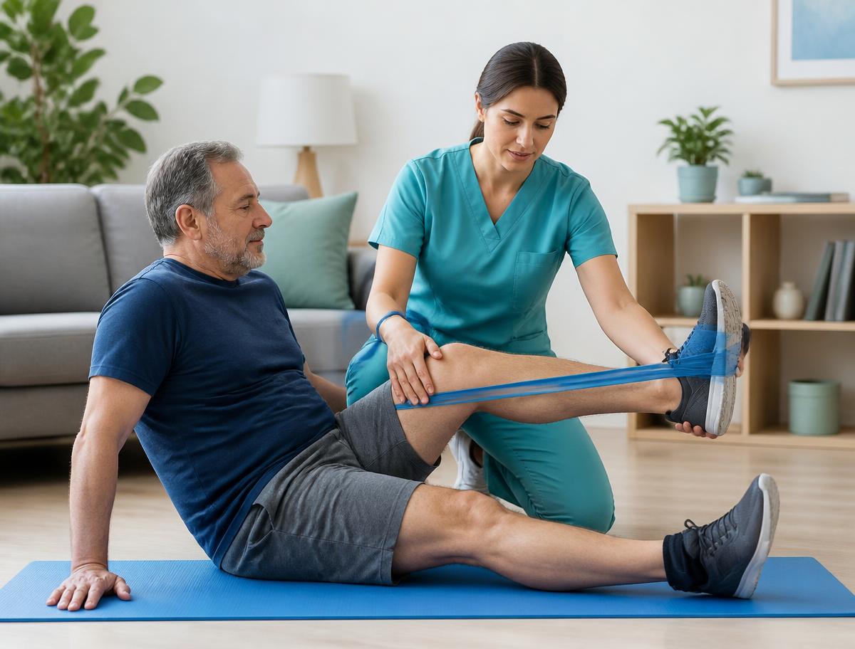 Physiotherapist supporting a patient with knee rehabilitation exercises at home